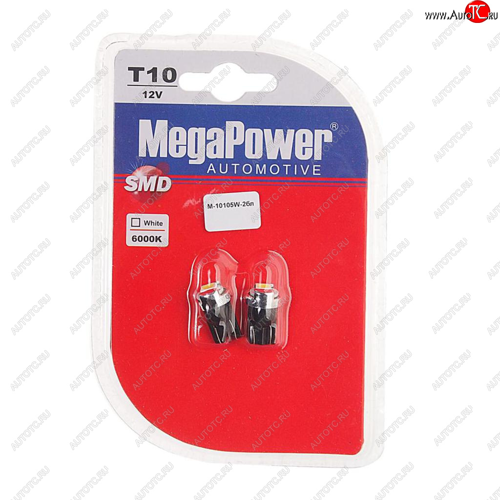 319 р. Лампа светодиодная 12V W5W T10 W2.1x9.5d 6000K блистер (2шт.) MEGAPOWER MEGAPOWER-AUTOMOTIVE 10105w-2бл  с доставкой в г. Майкоп