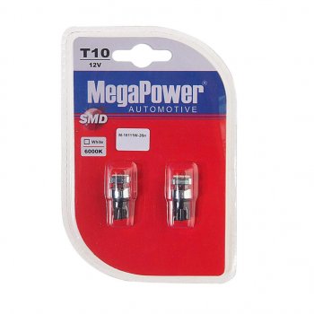 226 р. Лампа светодиодная 12V W5W T10 W2.1x9.5d 6000K 3 LED блистер (2шт.) MEGAPOWER MEGAPOWER-AUTOMOTIVE 10111w-2бл  с доставкой в г. Майкоп. Увеличить фотографию 1