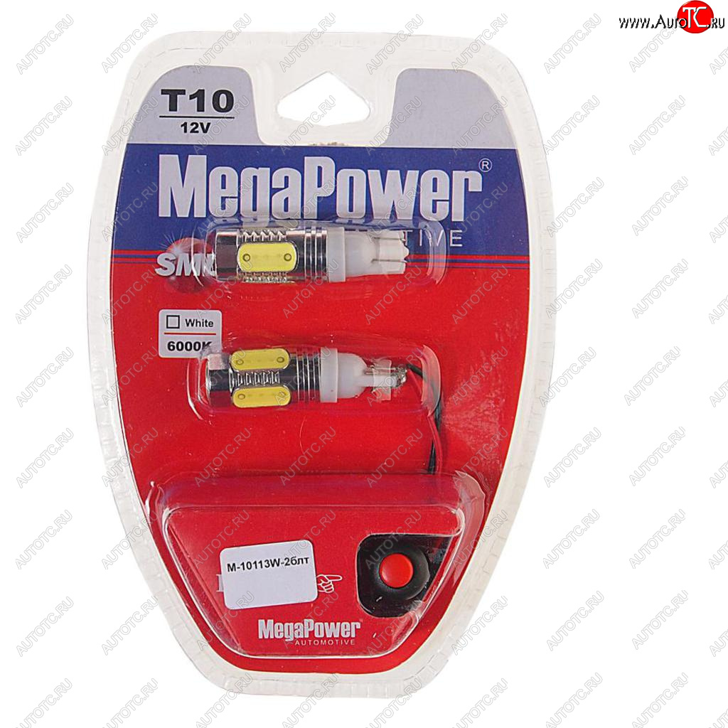 1 789 р. Лампа светодиодная 12V W5W T10 W2.1x9.5d 6000K 4 LED с тестером блистер (2шт.) MEGAPOWER MEGAPOWER-AUTOMOTIVE 10113w-2блт  с доставкой в г. Майкоп