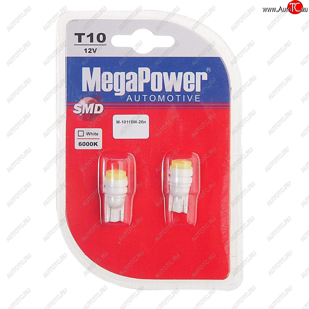 223 р. Лампа светодиодная 12V W5W T10 W2.1x9.5d 6000K блистер (2шт.) MEGAPOWER MEGAPOWER-AUTOMOTIVE 10115w-2бл  с доставкой в г. Майкоп