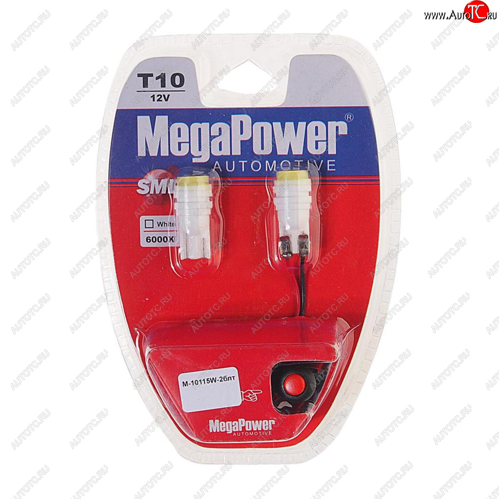 294 р. Лампа светодиодная 12V W5W T10 W2.1x9.5d 6000K с тестером блистер (2шт.) MEGAPOWER MEGAPOWER-AUTOMOTIVE 10115w-2блт  с доставкой в г. Майкоп