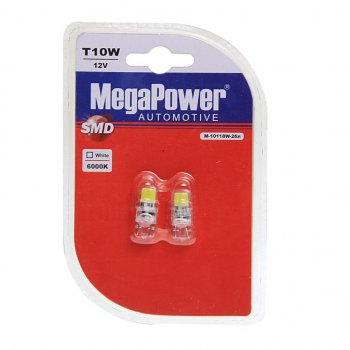 248 р. Лампа светодиодная 12V W5W T10 W2.1x9.5d 6000K 2 LED блистер (2шт.) MEGAPOWER MEGAPOWER-AUTOMOTIVE 10118w-2бл  с доставкой в г. Майкоп. Увеличить фотографию 1