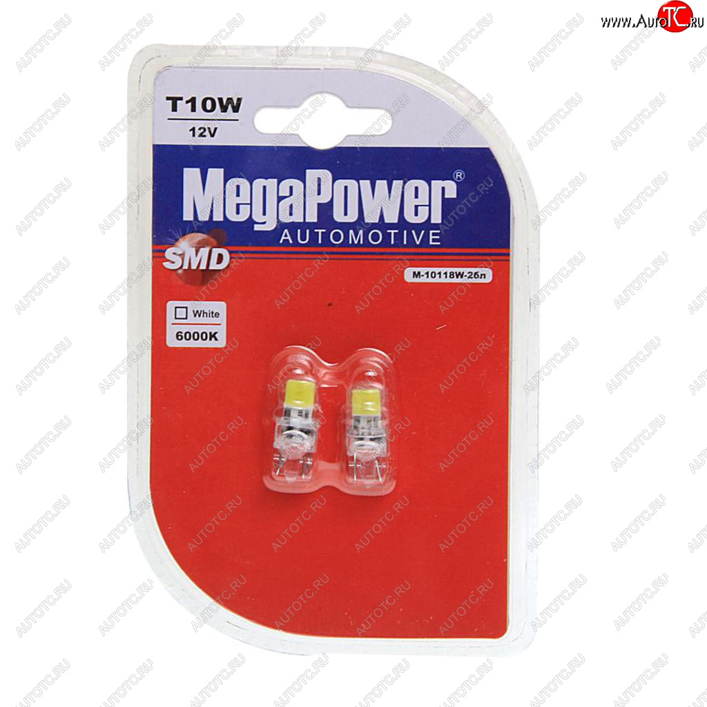 248 р. Лампа светодиодная 12V W5W T10 W2.1x9.5d 6000K 2 LED блистер (2шт.) MEGAPOWER MEGAPOWER-AUTOMOTIVE 10118w-2бл  с доставкой в г. Майкоп