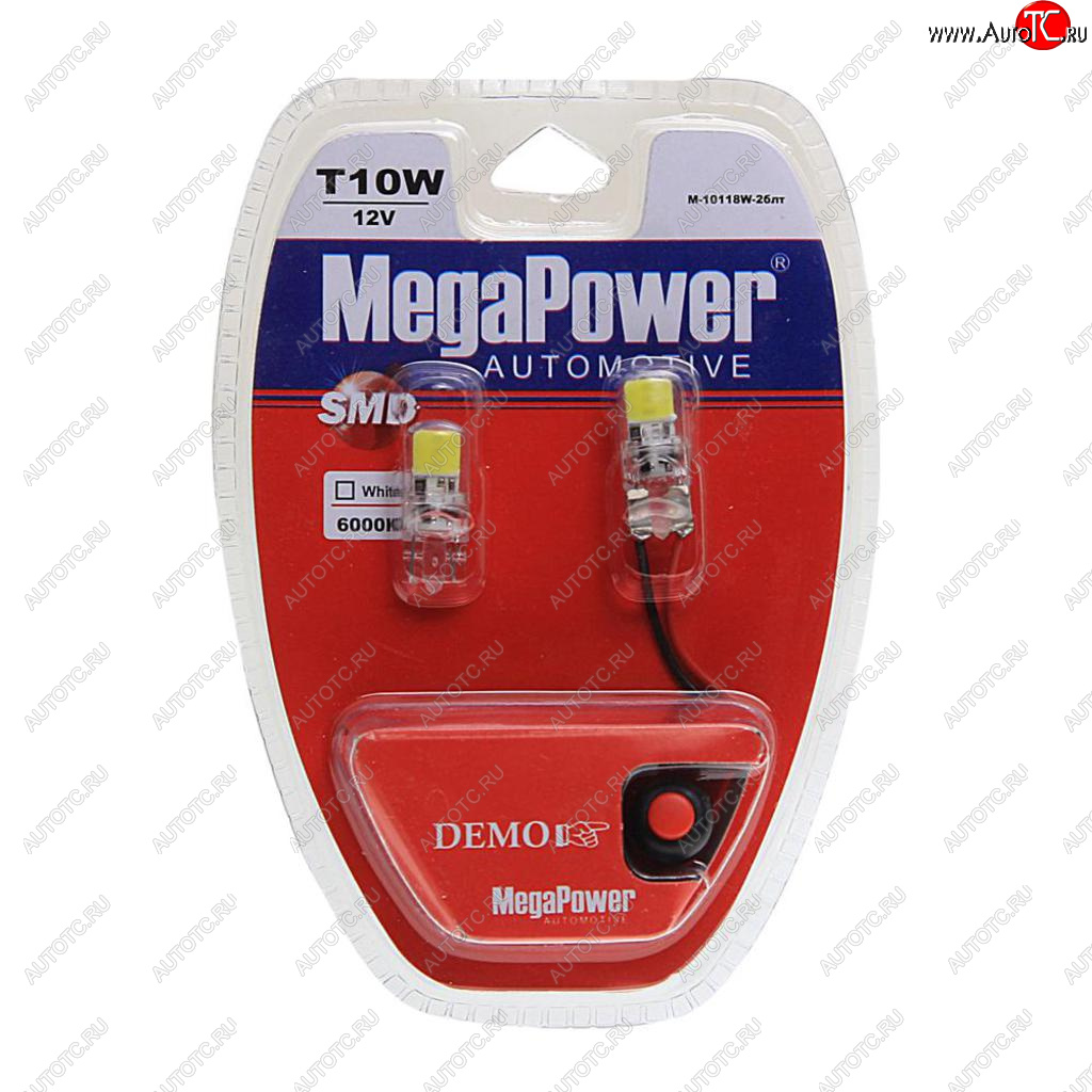 389 р. Лампа светодиодная 12V W5W T10 W2.1x9.5d 6000K 2 LED с тестером блистер (2шт.) MEGAPOWER MEGAPOWER-AUTOMOTIVE 10118w-2блт  с доставкой в г. Майкоп
