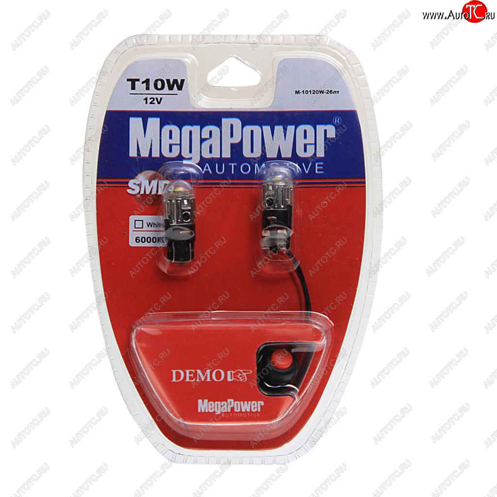 589 р. Лампа светодиодная 12V W5W T10 W2.1x9.5d 6000K с тестером блистер (2шт.) MEGAPOWER MEGAPOWER-AUTOMOTIVE 10120w-2блт  с доставкой в г. Майкоп