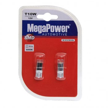 659 р. Лампа светодиодная 12V W5W T10 W2.1x9.5d 6000K блистер (2шт.) MEGAPOWER MEGAPOWER-AUTOMOTIVE 10121w-2бл  с доставкой в г. Майкоп. Увеличить фотографию 1