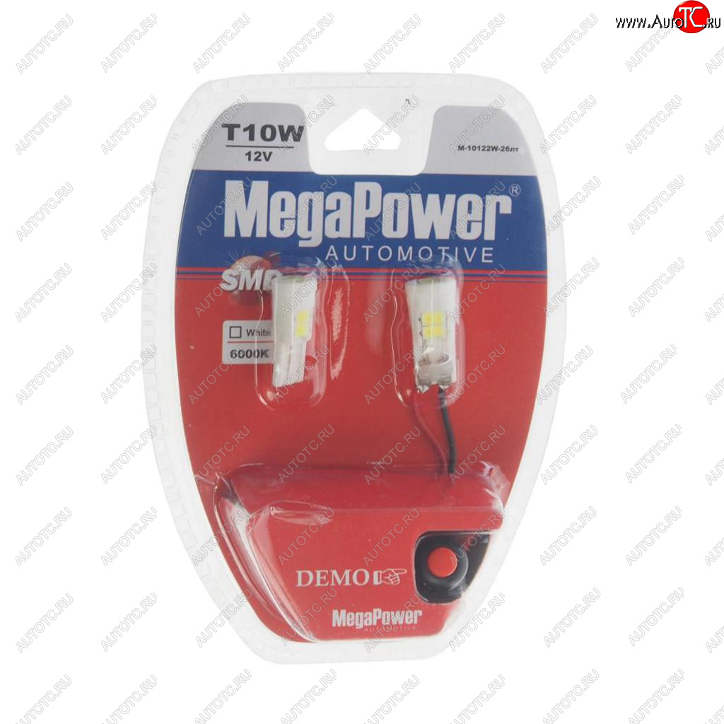 399 р. Лампа светодиодная 12V W5W T10 W2.1x9.5d 6000K 6 LED блистер (2шт.) MEGAPOWER MEGAPOWER-AUTOMOTIVE 10122w-2блт  с доставкой в г. Майкоп