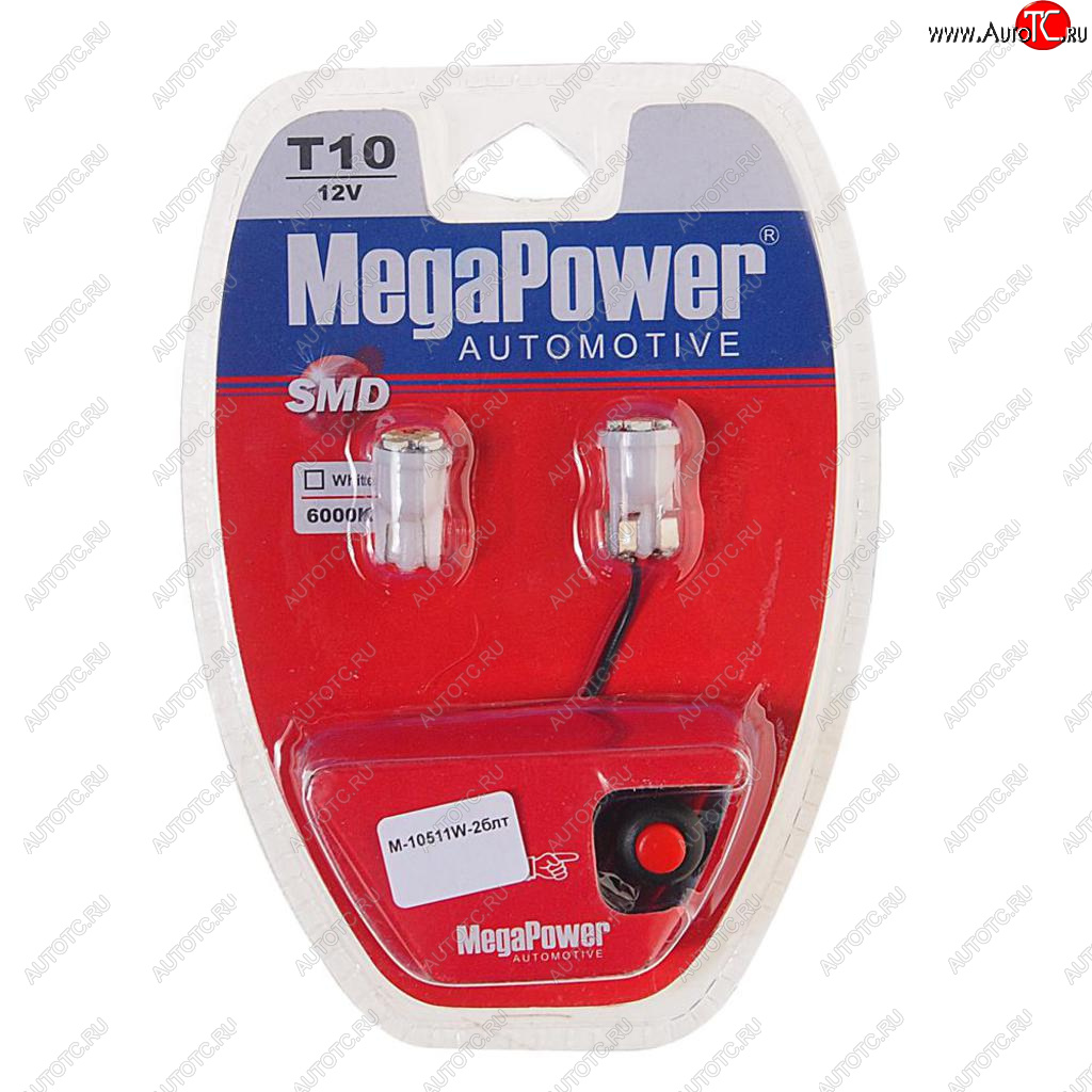 152 р. Лампа светодиодная 12V W5W T10 W2.1x9.5d 6000K 6 LED с тестером блистер (2шт.) MEGAPOWER MEGAPOWER-AUTOMOTIVE 10511w-2блт  с доставкой в г. Майкоп