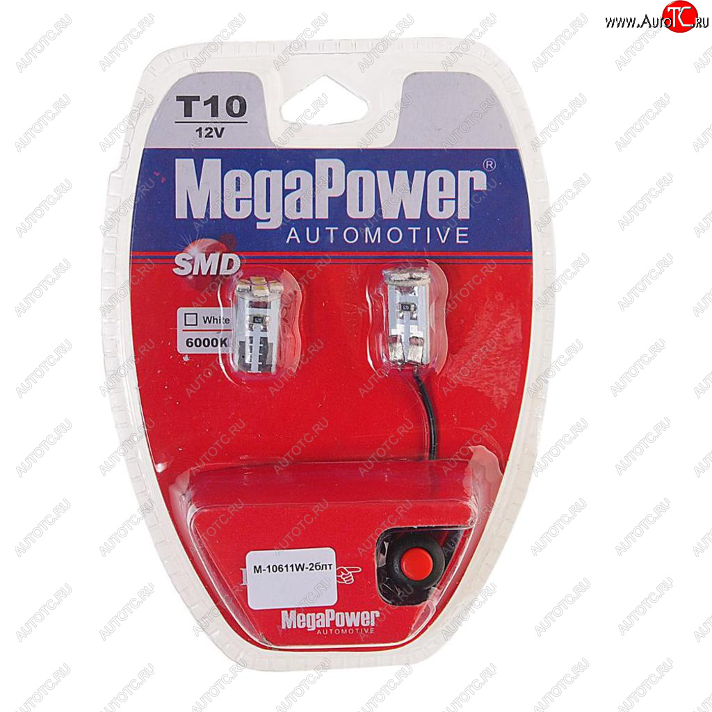 166 р. Лампа светодиодная 12V W5W T10 W2.1x9.5d 6000K 5 LED с тестером блистер (2шт.) MEGAPOWER MEGAPOWER-AUTOMOTIVE 10611w-2блт  с доставкой в г. Майкоп