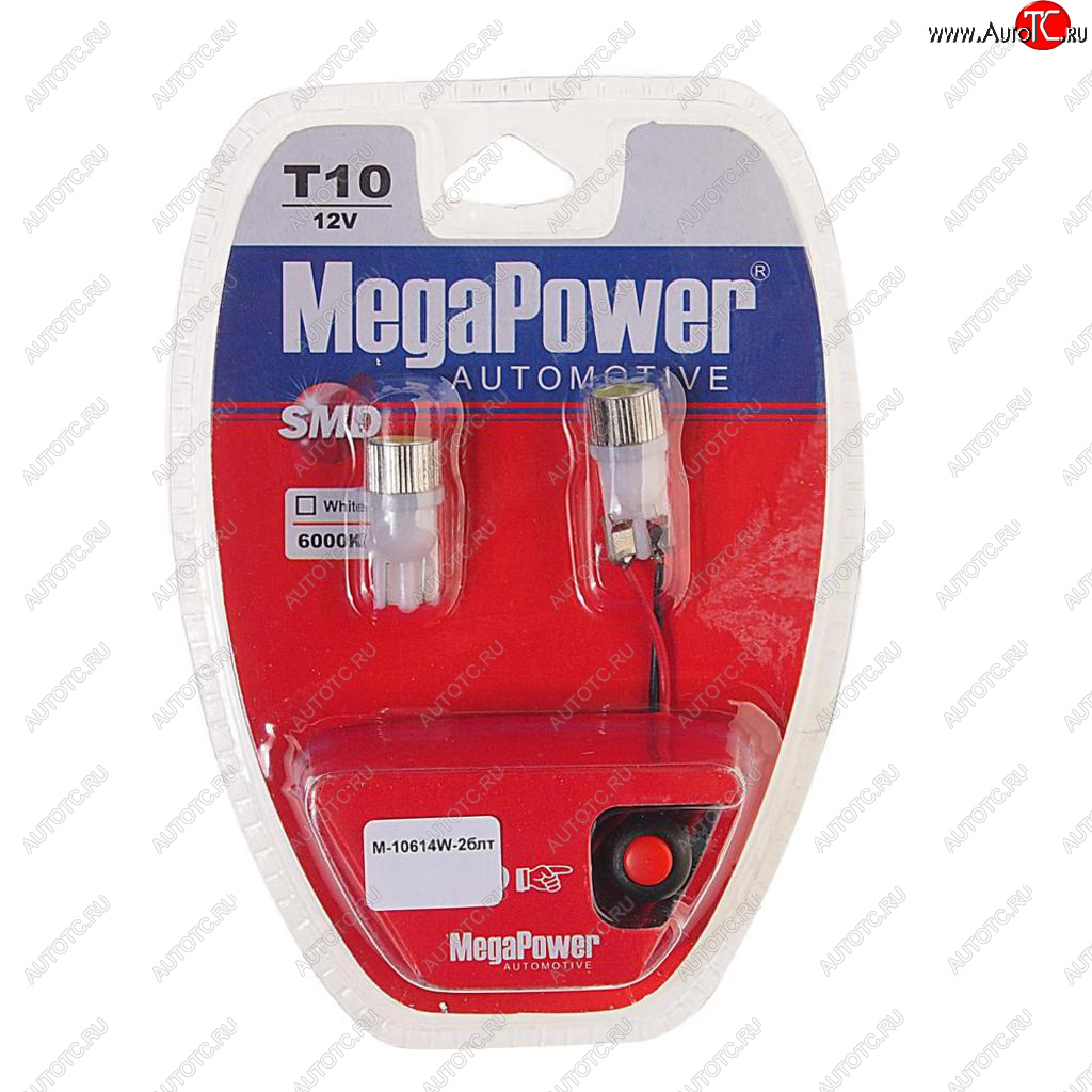 299 р. Лампа светодиодная 12V W5W T10 W2.1x9.5d 6000K с тестером блистер (2шт.) MEGAPOWER MEGAPOWER-AUTOMOTIVE 10614w-2блт  с доставкой в г. Майкоп