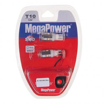 379 р. Лампа светодиодная 12V W5W T10 W2.1x9.5d 6000K 5 LED с тестером блистер (2шт.) MEGAPOWER MEGAPOWER-AUTOMOTIVE 10615w-2блт  с доставкой в г. Майкоп. Увеличить фотографию 1
