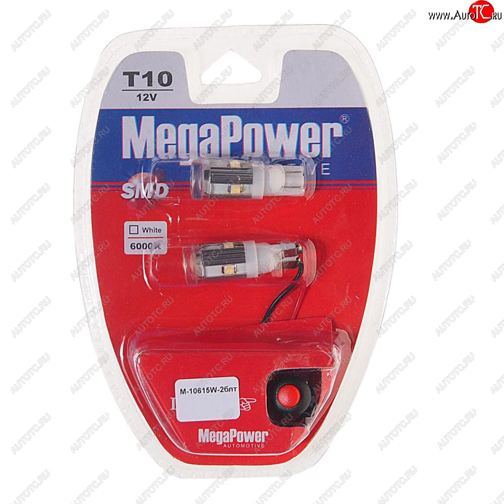 379 р. Лампа светодиодная 12V W5W T10 W2.1x9.5d 6000K 5 LED с тестером блистер (2шт.) MEGAPOWER MEGAPOWER-AUTOMOTIVE 10615w-2блт  с доставкой в г. Майкоп
