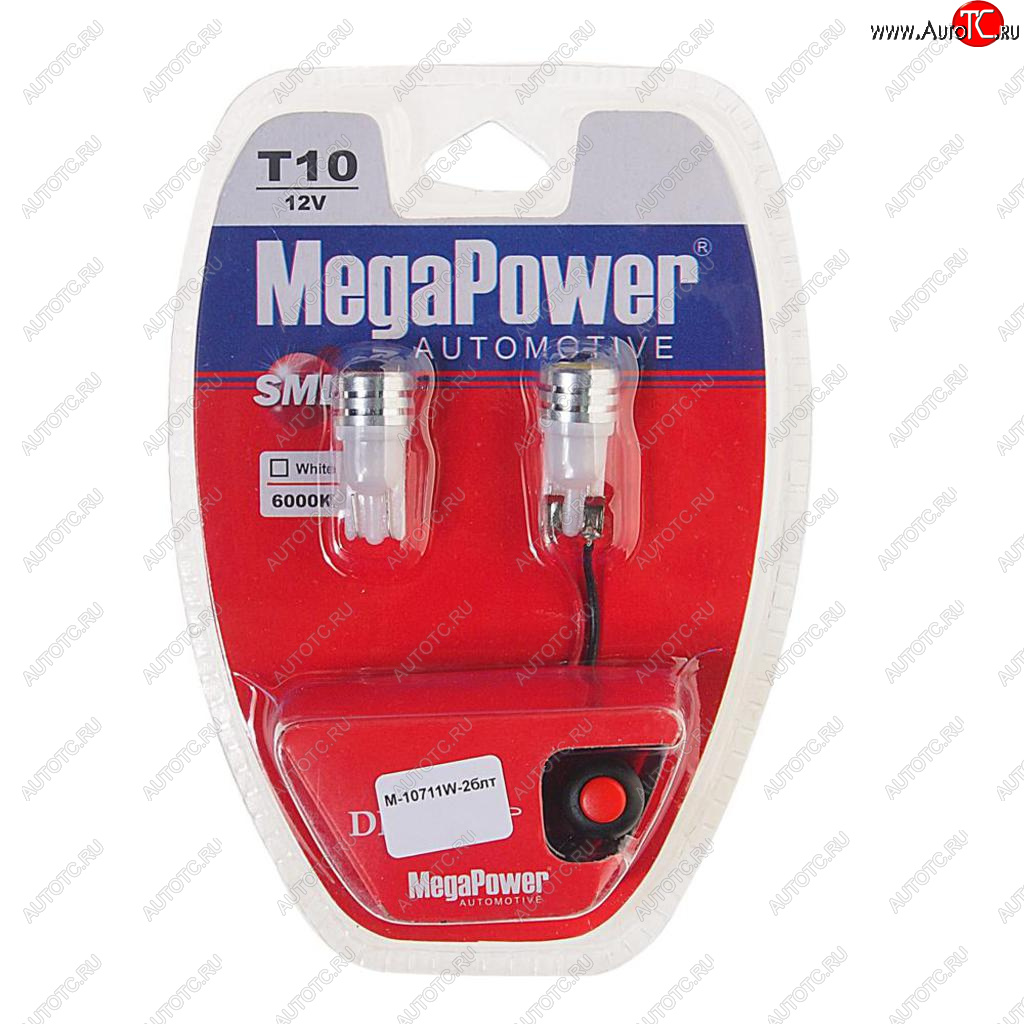 459 р. Лампа светодиодная 12V W5W T10 W2.1x9.5d 6000K с тестером блистер (2шт.) MEGAPOWER MEGAPOWER-AUTOMOTIVE 10711w-2блт  с доставкой в г. Майкоп
