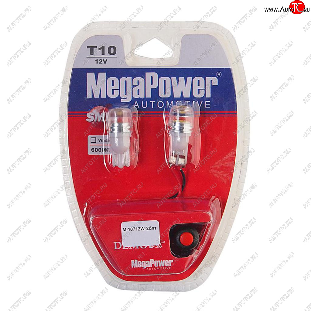 459 р. Лампа светодиодная 12V W5W T10 W2.1x9.5d 6000K с тестером блистер (2шт.) MEGAPOWER MEGAPOWER-AUTOMOTIVE 10712w-2блт  с доставкой в г. Майкоп