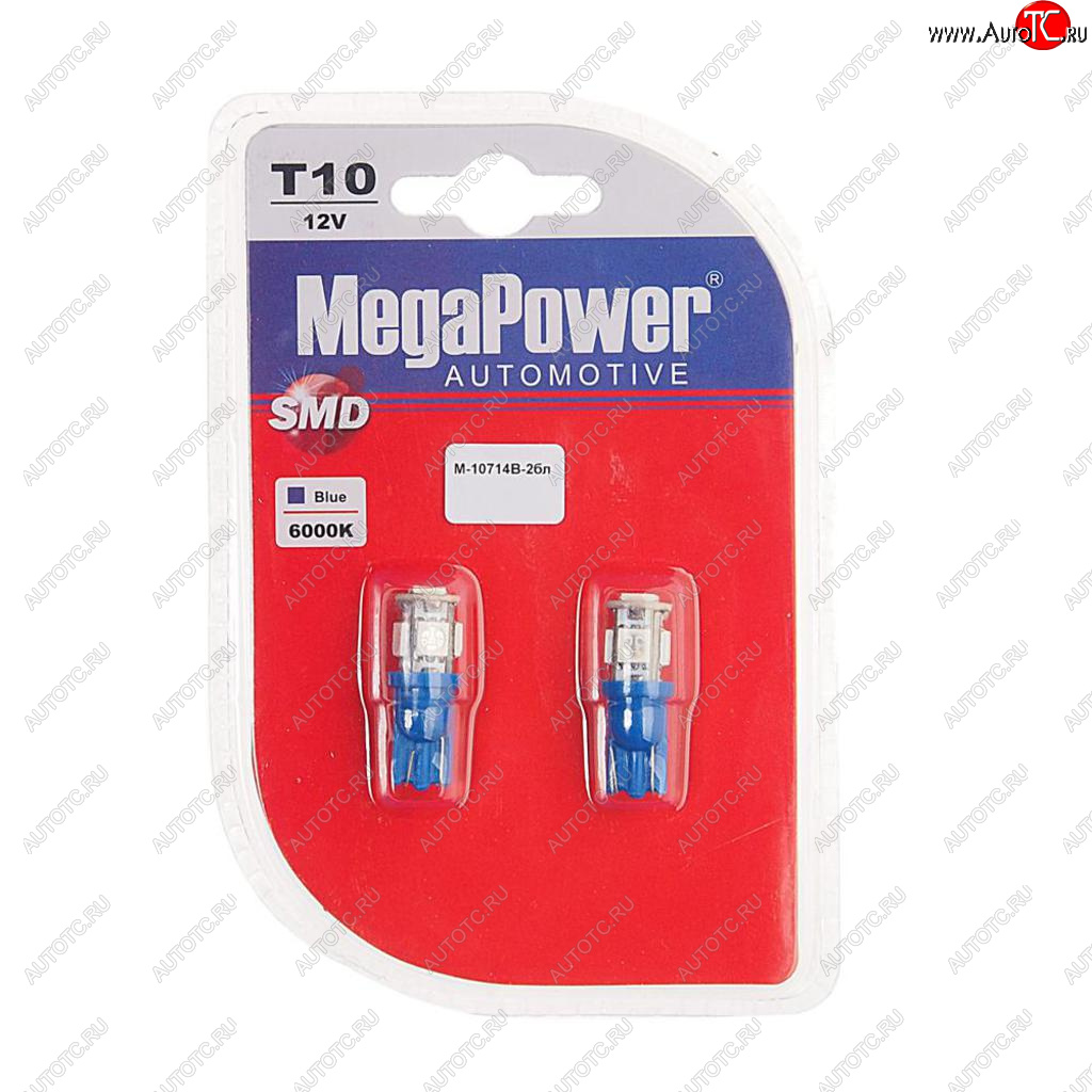 136 р. Лампа светодиодная 12V W5W T10 W2.1x9.5d 5 LED блистер (2шт.) Blue MEGAPOWER MEGAPOWER-AUTOMOTIVE 10714b-2бл  с доставкой в г. Майкоп