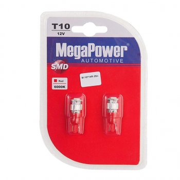 136 р. Лампа светодиодная 12V W5W T10 W2.1x9.5d 5 LED блистер (2шт.) Red MEGAPOWER MEGAPOWER-AUTOMOTIVE 10714r-2бл  с доставкой в г. Майкоп. Увеличить фотографию 1