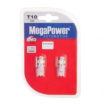 146 р. Лампа светодиодная 12V W5W T10 W2.1x9.5d 6000K 5 LED блистер (2шт.) MEGAPOWER MEGAPOWER-AUTOMOTIVE 10714w-2бл  с доставкой в г. Майкоп. Увеличить фотографию 1