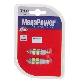 253 р. Лампа светодиодная 12V W5W T10 W2.1x9.5d 6000K 9 LED блистер (2шт.) MEGAPOWER MEGAPOWER-AUTOMOTIVE 10715w-2бл  с доставкой в г. Майкоп. Увеличить фотографию 1