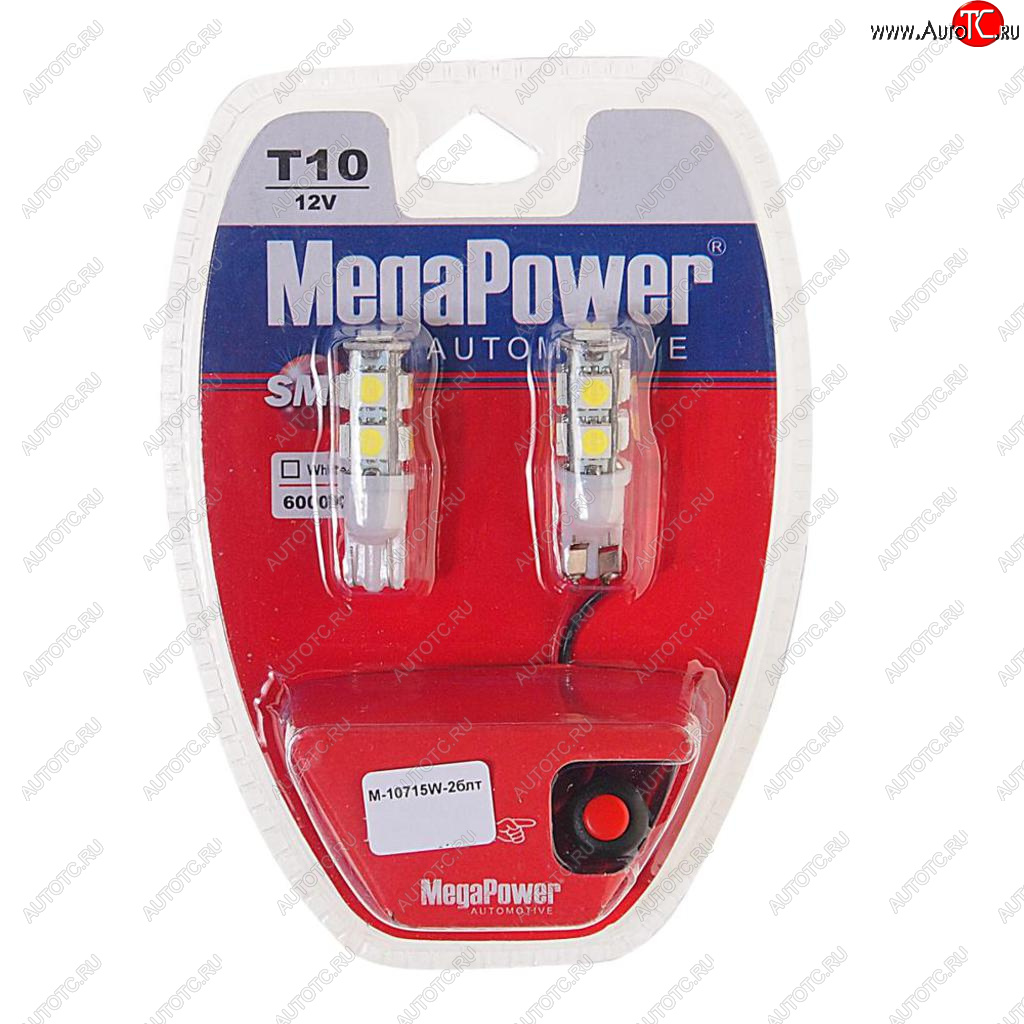 369 р. Лампа светодиодная 12V W5W T10 W2.1x9.5d 6000K 9 LED с тестером блистер (2шт.) MEGAPOWER MEGAPOWER-AUTOMOTIVE 10715w-2блт  с доставкой в г. Майкоп
