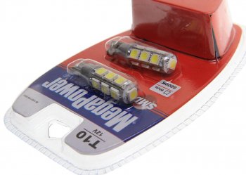 419 р. Лампа светодиодная 12V W5W T10 W2.1x9.5d 6000K 13 LED с тестером блистер (2шт.) MEGAPOWER MEGAPOWER-AUTOMOTIVE 10811w-2блт  с доставкой в г. Майкоп. Увеличить фотографию 2