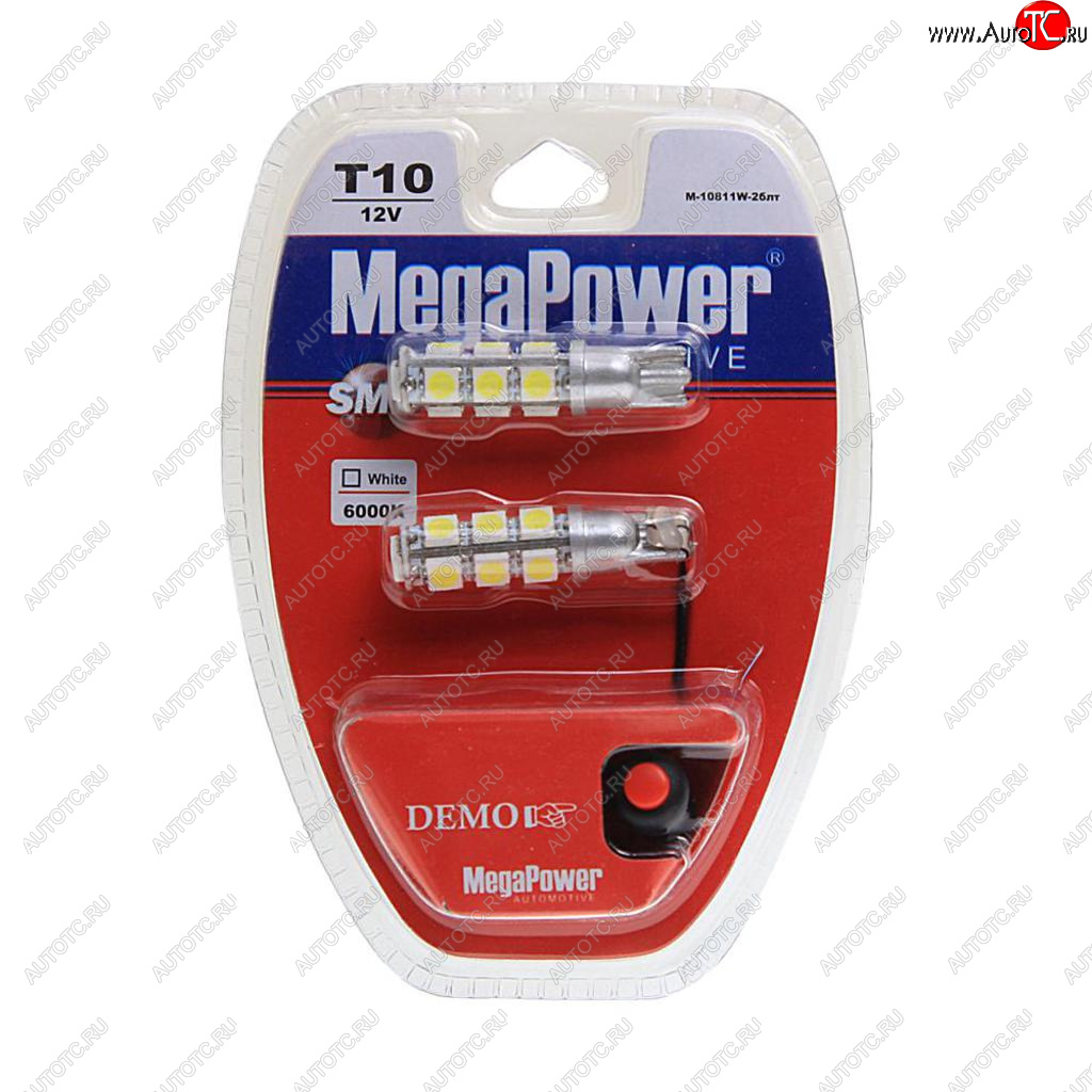 419 р. Лампа светодиодная 12V W5W T10 W2.1x9.5d 6000K 13 LED с тестером блистер (2шт.) MEGAPOWER MEGAPOWER-AUTOMOTIVE 10811w-2блт  с доставкой в г. Майкоп
