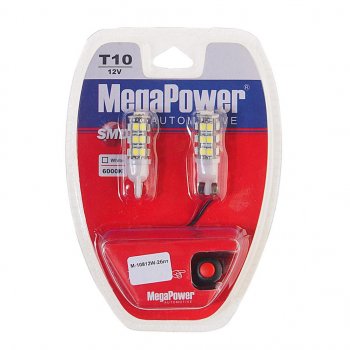 349 р. Лампа светодиодная 12V W5W T10 W2.1x9.5d 6000K 25 LED с тестером блистер (2шт.)MEGAPOWER MEGAPOWER-AUTOMOTIVE 10812w-2блт  с доставкой в г. Майкоп. Увеличить фотографию 1