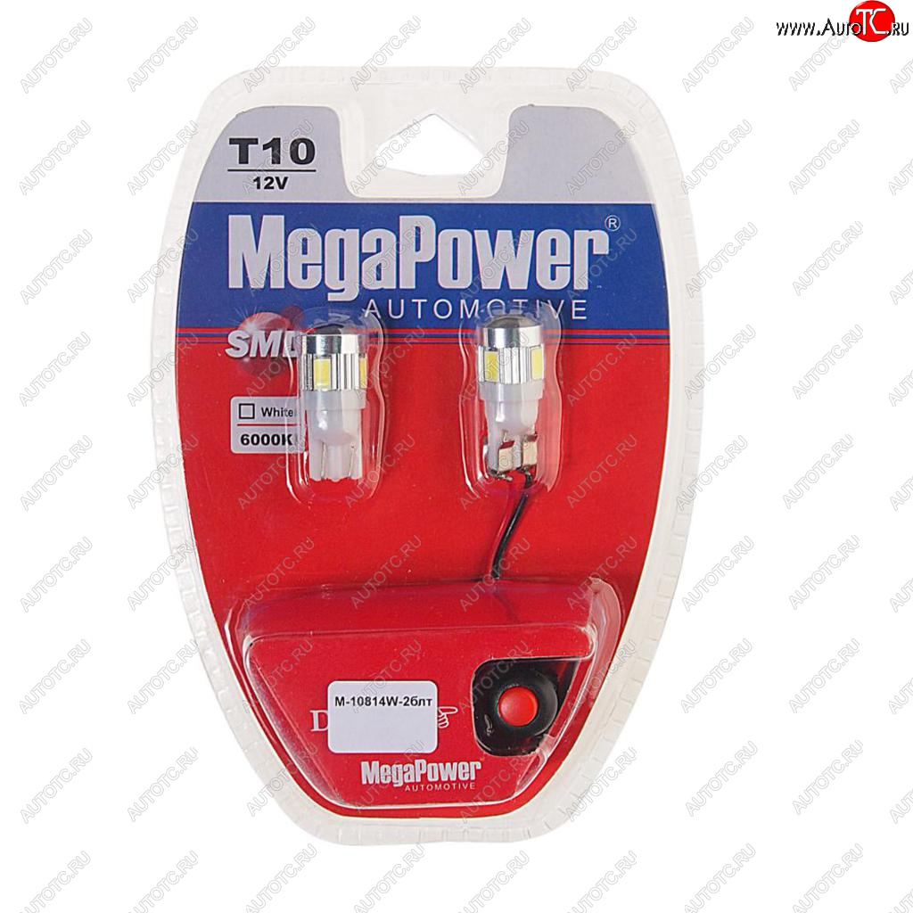 739 р. Лампа светодиодная 12V W5W T10 W2.1x9.5d 6000K 6 LED с тестером блистер (2шт.) MEGAPOWER MEGAPOWER-AUTOMOTIVE 10814w-2блт  с доставкой в г. Майкоп