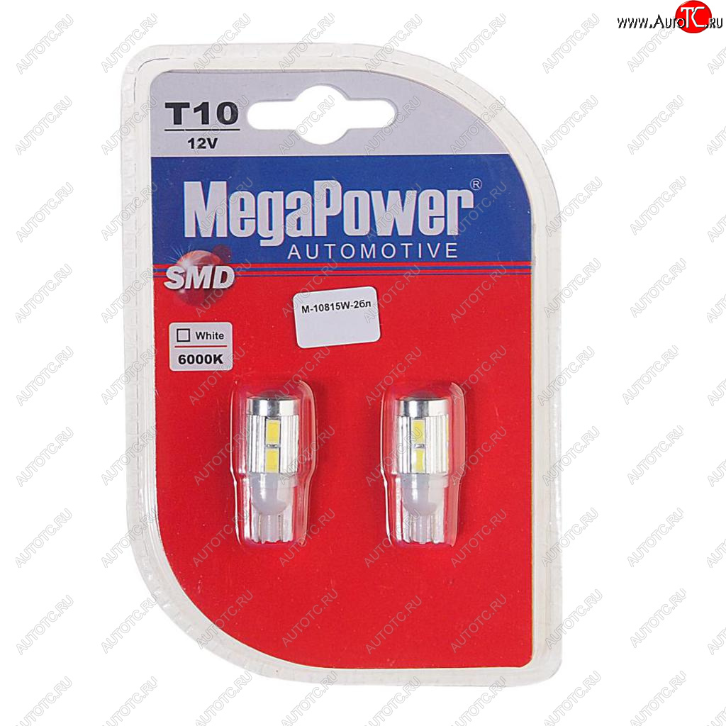 589 р. Лампа светодиодная 12V W5W T10 W2.1x9.5d 6000K 10 LED блистер (2шт.) MEGAPOWER MEGAPOWER-AUTOMOTIVE 10815w-2бл  с доставкой в г. Майкоп