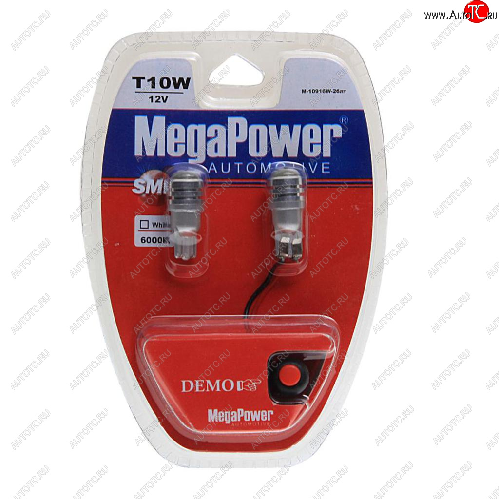 479 р. Лампа светодиодная 12V W5W T10 W2.1x9.5d 6000K с тестером блистер (2шт.) MEGAPOWER MEGAPOWER-AUTOMOTIVE 10916w-2блт  с доставкой в г. Майкоп