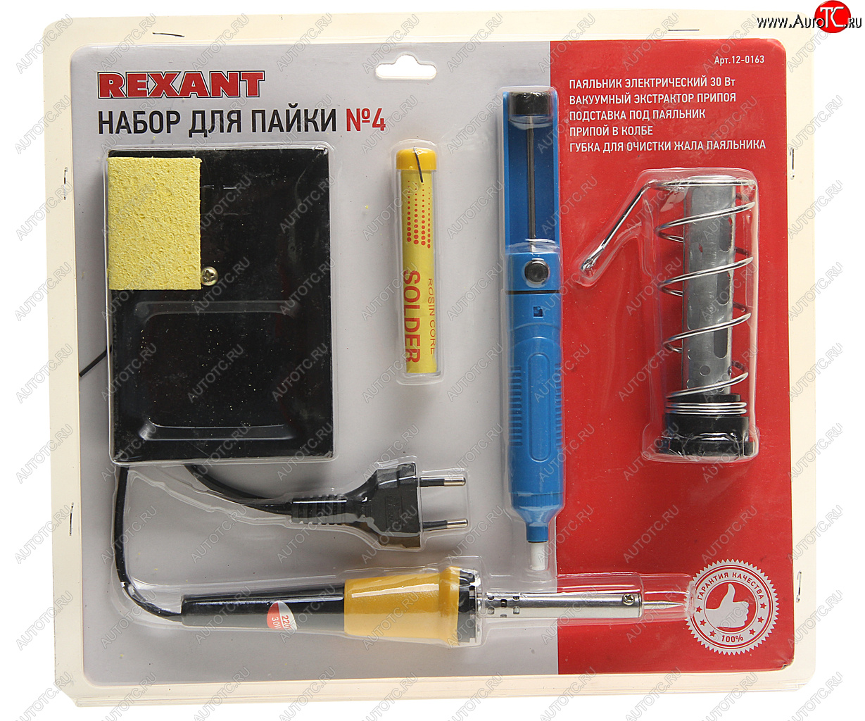 1 199 р. Набор для пайки (паяльник 30Вт, оловоотсос, подставка, припой) REXANT REXANT 12-0163  с доставкой в г. Майкоп