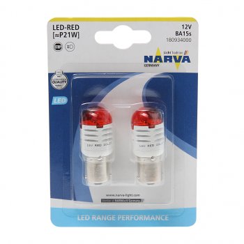 1 369 р. Лампа светодиодная 12V P21W 1.75W BA15s блистер (2шт.) Red Range Perfomance LED NARVA NARVA 180934000  с доставкой в г. Майкоп. Увеличить фотографию 1