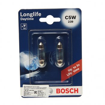 151 р. Лампа 12V C5W SV8.5-8 (2шт.) Longlife Daytime BOSCH BOSCH 1987301060  с доставкой в г. Майкоп. Увеличить фотографию 1