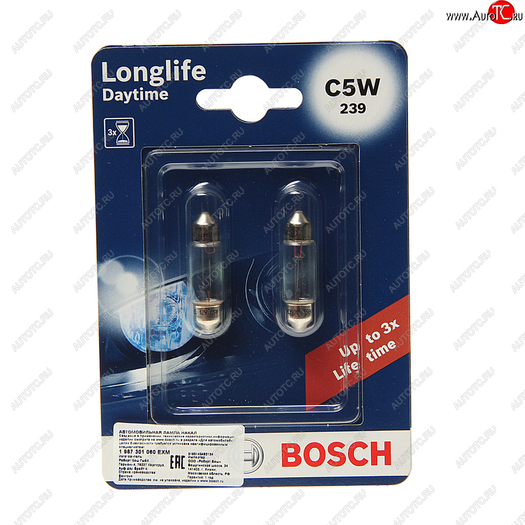 151 р. Лампа 12V C5W SV8.5-8 (2шт.) Longlife Daytime BOSCH BOSCH 1987301060  с доставкой в г. Майкоп