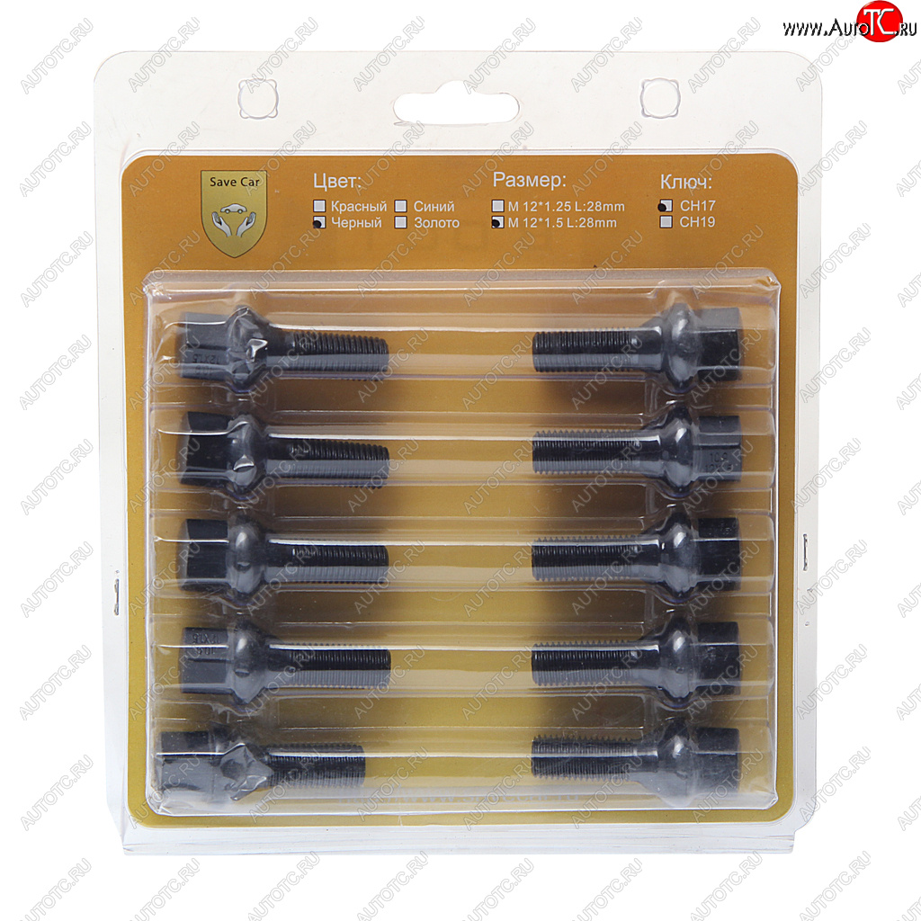 2 579 р. Болт колеса М12х1.50х28 конус под ключ 17мм черный 20шт. SAVE CAR SAVE CAR 201055  с доставкой в г. Майкоп