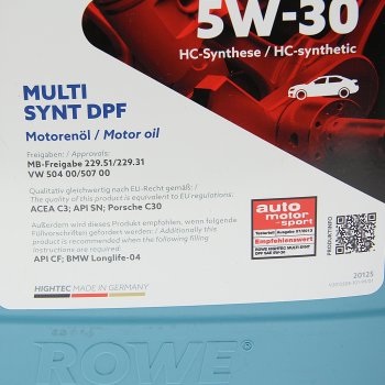 7 999 р. Масло моторное HIGHTEC MULTI SYNT DPF SPC3 5W30 синт.4л ROWE ROWE 20125-0040-99  с доставкой в г. Майкоп. Увеличить фотографию 2