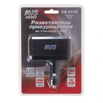 669 р. Разветвитель прикуривателя 2-х гнездовой 12-24V 1USB AVS AVS 43254  с доставкой в г. Майкоп. Увеличить фотографию 1