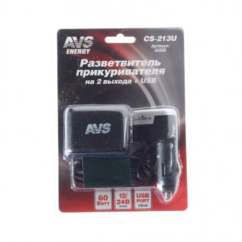 549 р. Разветвитель прикуривателя 2-х гнездовой 12-24V 1USB AVS AVS 43256  с доставкой в г. Майкоп. Увеличить фотографию 1