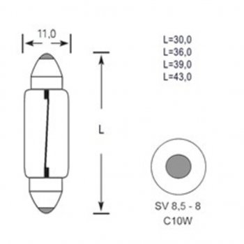 31 р. Лампа 12V C10W SV8.5-8 30мм 110лм TESLAFT (Россия) TESLAFT 4631111143179  с доставкой в г. Майкоп. Увеличить фотографию 2