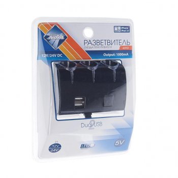 499 р. Разветвитель прикуривателя 3-х гнездовой 12-24V 2USB черный NOVA BRIGHT NOVA BRIGHT 46902  с доставкой в г. Майкоп. Увеличить фотографию 1