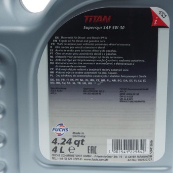 5 299 р. Масло моторное TITAN Supersyn 5W30 синт.4л FUCHS FUCHS 600930721 FUCHS 600930721  с доставкой в г. Майкоп. Увеличить фотографию 2