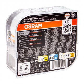 2 449 р. Лампа 12V H3 55W PK22s +150% 3400K бокс (2шт.) Night Breaker Laser OSRAM OSRAM 64151nl2(euro)  с доставкой в г. Майкоп. Увеличить фотографию 2