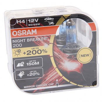 3 089 р. Лампа 12V H4 6055W P43t +200% 4050К бокс (2шт.) Night Breaker 200 OSRAM OSRAM 64193nb200(euro)  с доставкой в г. Майкоп. Увеличить фотографию 1