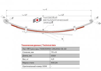 3 099 р. Лист рессоры MITSUBISHI L200 (05-16) задней №3 (5 листов) L=1010мм ЧМЗ ЧМЗ 700605msh-2912103-01  с доставкой в г. Майкоп. Увеличить фотографию 1