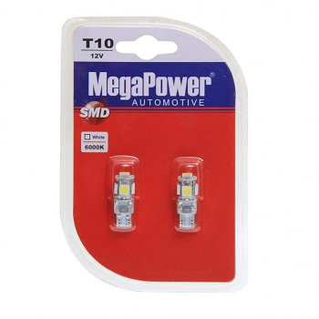 499 р. Лампа светодиодная 12V W5W T10 W2.1x9.5d 6000K 9 LED блистер (2шт.) MEGAPOWER MEGAPOWER-AUTOMOTIVE 70215w-2бл  с доставкой в г. Майкоп. Увеличить фотографию 1