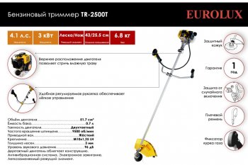 8 699 р. Газонокосилка (триммер) бензиновая 51.7куб.см, 3000Вт, захват 43см, леска+нож EUROLUX EUROLUX 70219  с доставкой в г. Майкоп. Увеличить фотографию 2