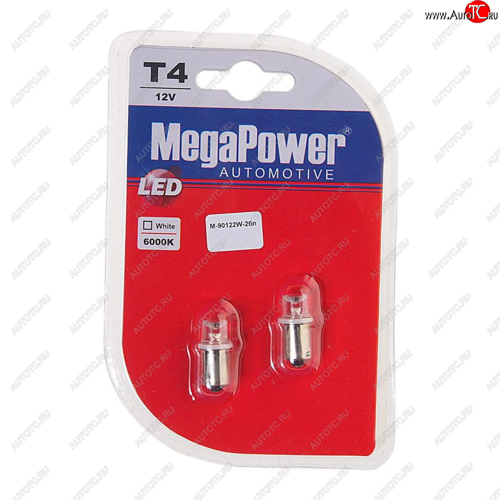 55 р. Лампа светодиодная 12V T4W BA9s 6000K блистер (2шт.) MEGAPOWER MEGAPOWER-AUTOMOTIVE 90122w-2бл  с доставкой в г. Майкоп