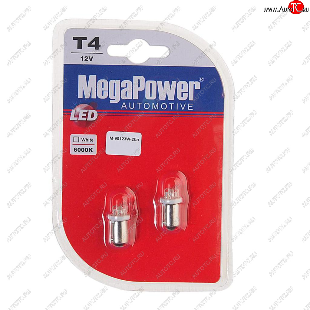 105 р. Лампа светодиодная 12V T4W BA9s 6000K 4 светодиода блистер (2шт.) MEGAPOWER MEGAPOWER-AUTOMOTIVE 90123w-2бл  с доставкой в г. Майкоп