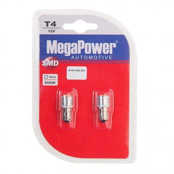 294 р. Лампа светодиодная 12V T4W BA9s 6000K блистер (2шт.) MEGAPOWER MEGAPOWER-AUTOMOTIVE 90134w-2бл  с доставкой в г. Майкоп. Увеличить фотографию 1
