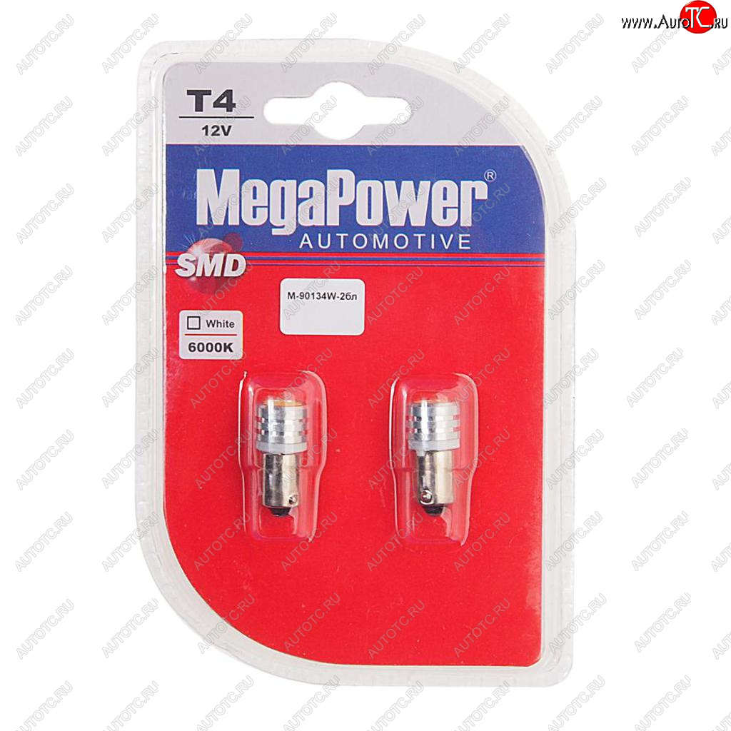 294 р. Лампа светодиодная 12V T4W BA9s 6000K блистер (2шт.) MEGAPOWER MEGAPOWER-AUTOMOTIVE 90134w-2бл  с доставкой в г. Майкоп