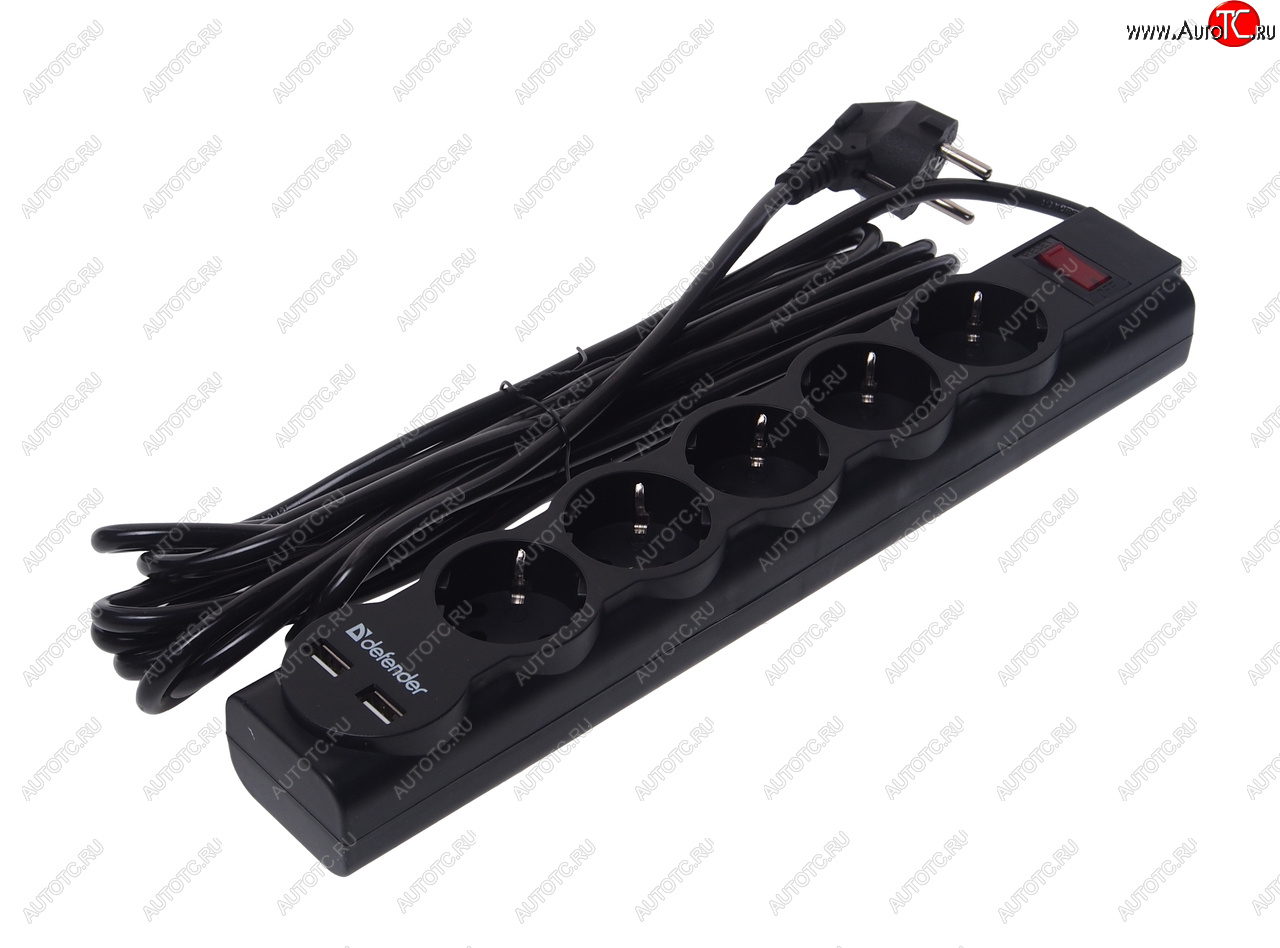 929 р. Фильтр сетевой 5м 10А 2200Вт 5 гнезд + 2 USB с заземлением черный DEFENDER DEFENDER 99755  с доставкой в г. Майкоп
